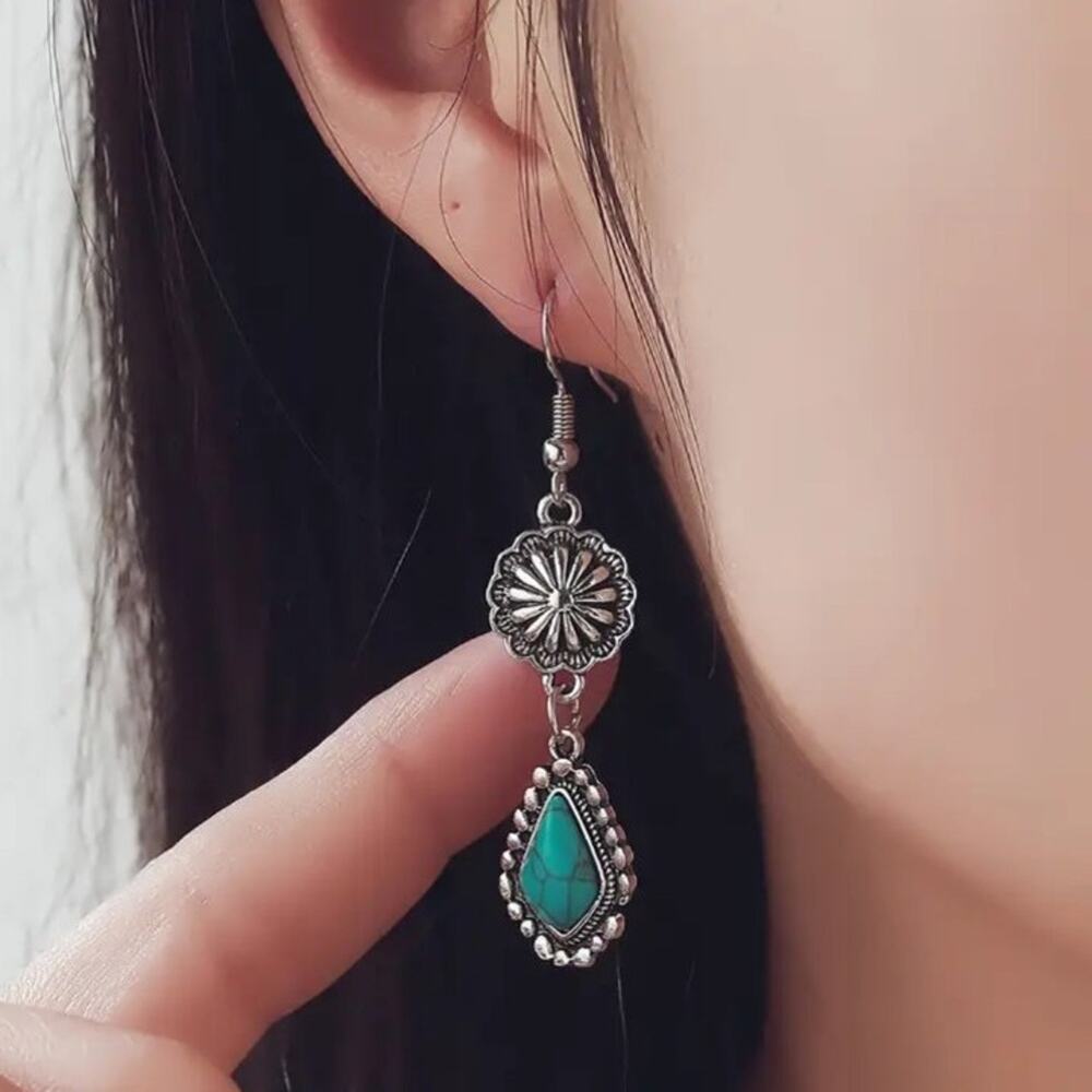 Turquoise Daisy Earrings Teardrop Hook Western Native American Birthday Gift NEW
